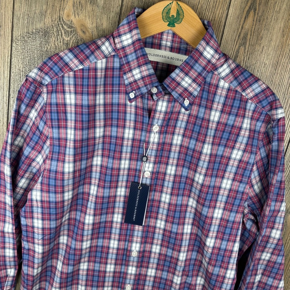 Holderness & Bourne Andrews Shirt Red Blue Plaid Button Down Tailored Fit Mens M